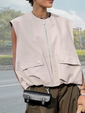 Womens Casual Zip Up Cargo Vest,Oversized Ruched Hem